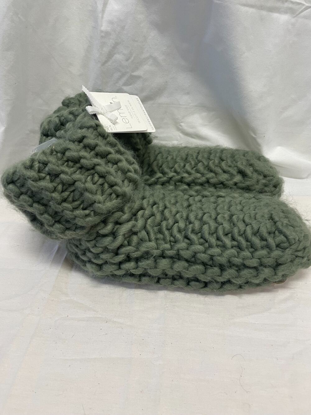LEMON Cabin Knitted Chunky Cottage core Sz 8-10 Slippers Sherpa Sage Green NWT